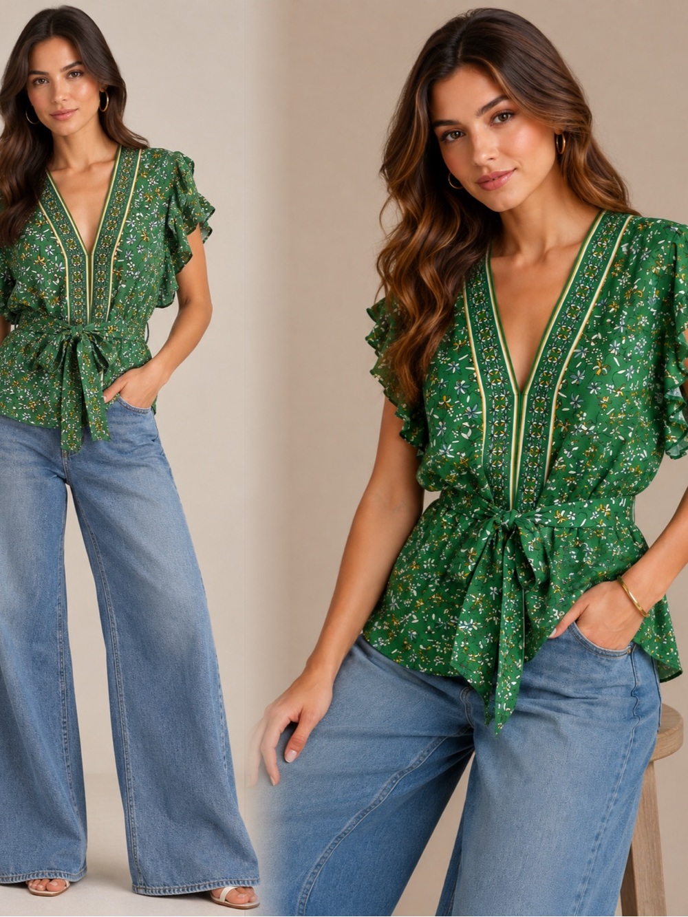 Max Studio Green Floral V-Neck Tie-Front Blouse